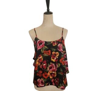Paper Crane Floral Cami Top Large Black Pink Ruffle Tiered Criss Cross Back L